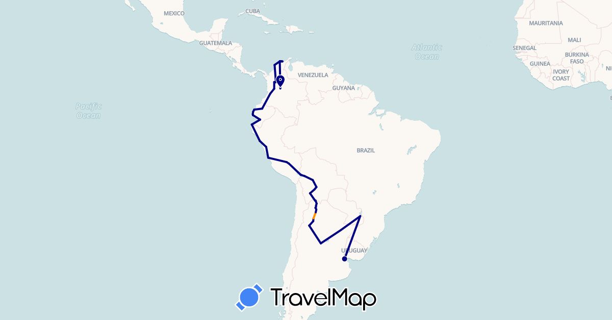 TravelMap itinerary: driving, hitchhiking in Argentina, Bolivia, Colombia, Ecuador, Peru (South America)